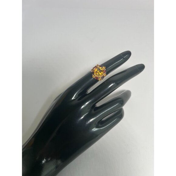Vintage 10K Gold Citrine & Garnet Cocktail Ring Size 6 Hexagonal Design - Picture 11 of 11